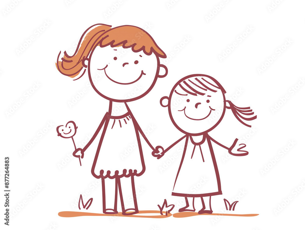 Children's drawings show the bonding between mother and daughter. They smile and look happy. Cartoon style. Children's drawings show the bonding between mother and daughter. They smile and look happy. Cartoon style.
