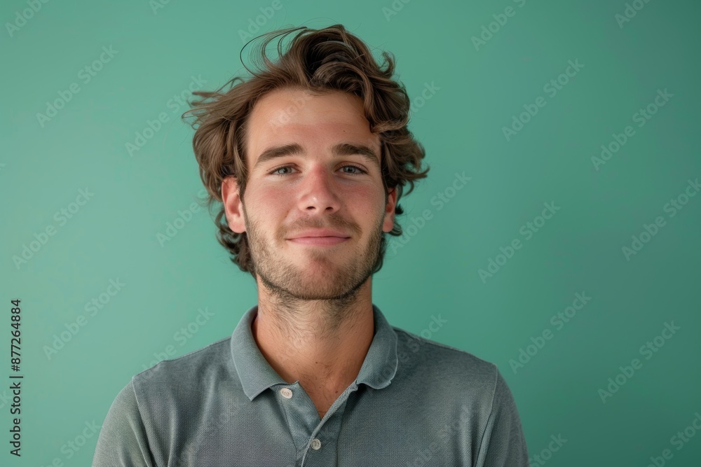 Portrait of a blissful caucasian man in his 20s donning a classy polo shirt while standing against solid color backdrop