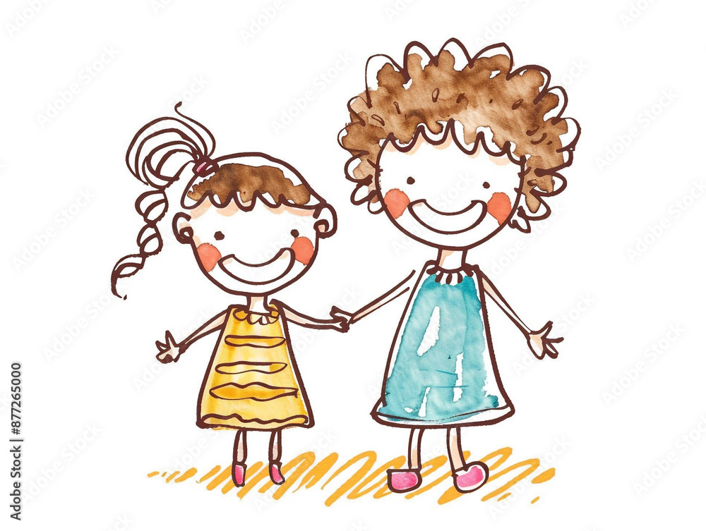 Children's drawings show the bonding between mother and daughter. They smile and look happy. Cartoon style. Children's drawings show the bonding between mother and daughter. They smile and look happy. Cartoon style.