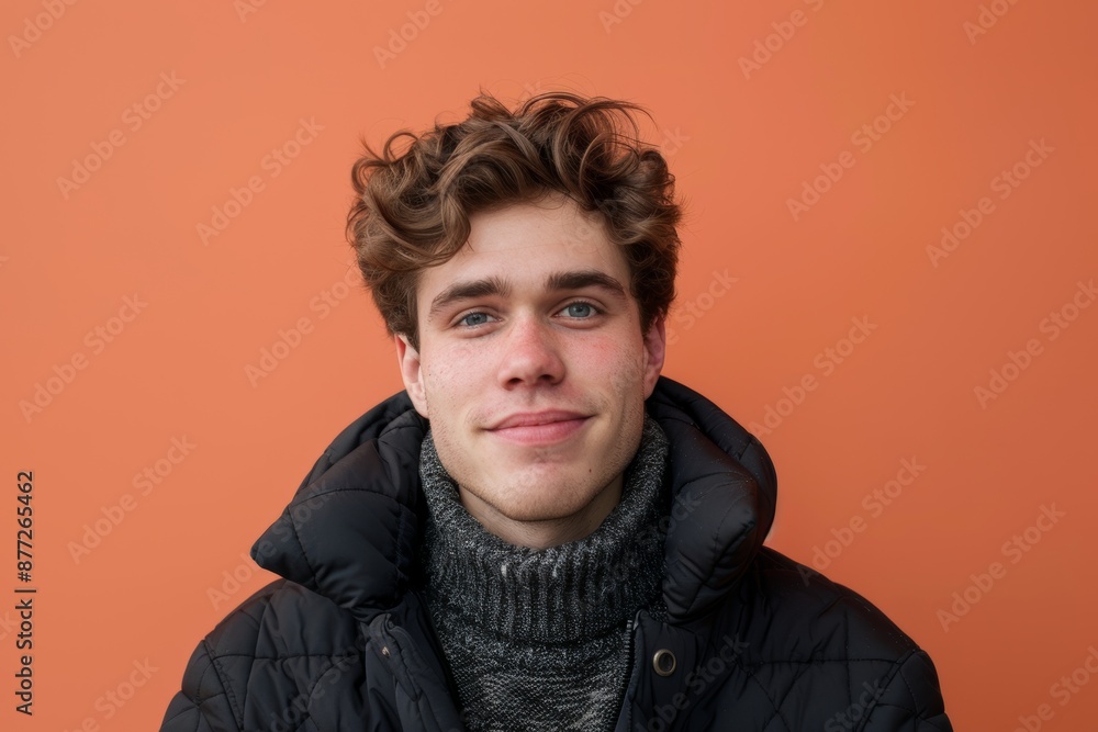 Obraz premium Portrait of a content caucasian man in his 20s sporting a quilted insulated jacket in front of solid color backdrop
