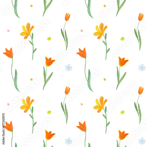 Seamless watercolor pattern - orange tulips and yellow meadow flowers.