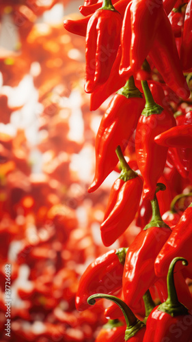 Hanging red and orange chili peppers with blurred vertical background photo