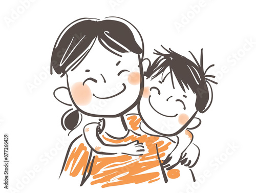 Children's drawings show the bonding between mother and daughter. They smile and look happy. Cartoon style.