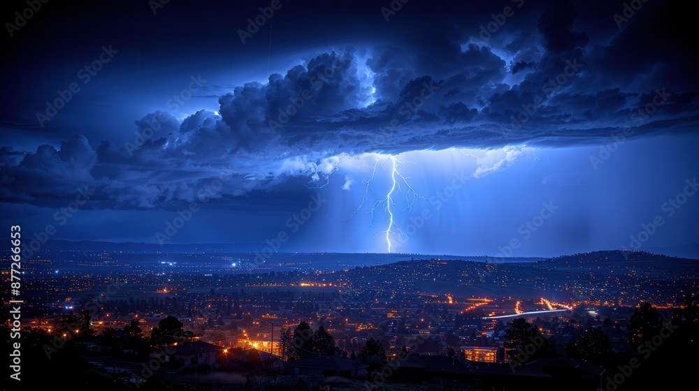 Electric Night: Dramatic Storm with Lightning Flashing Over Cityscape Electric Night: Dramatic Storm with Lightning Flashing Over Cityscape