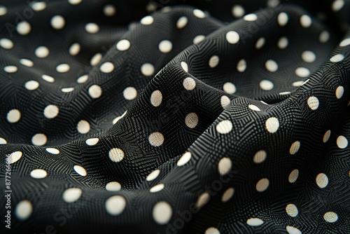 Black and white polka dot pattern on paper in a flat lay. White circles with a black background. Background texture for design or decoration.