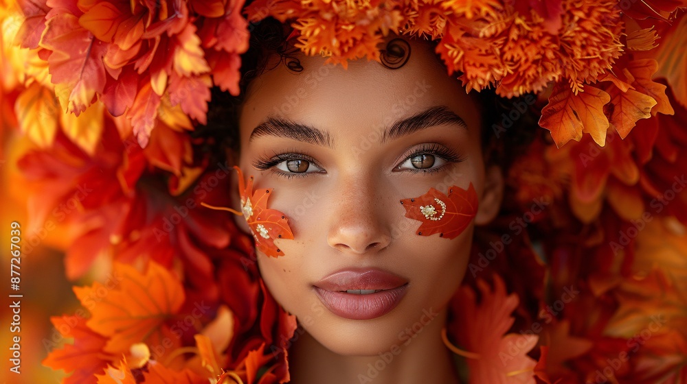 Close-up portrait of a woman with golden leaves Close-up portrait of a woman with golden leaves