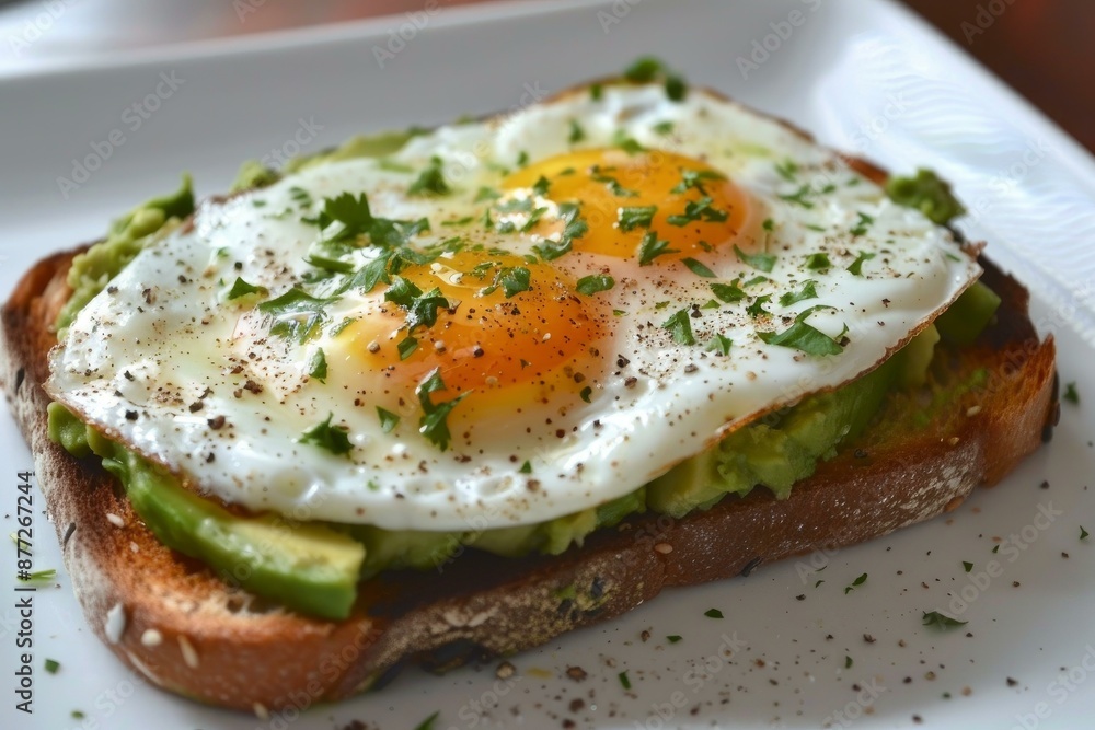 Fresh avocado toast topped with a sunnysideup egg and sprinkled with herbs on a white plate Fresh avocado toast topped with a sunnysideup egg and sprinkled with herbs on a white plate