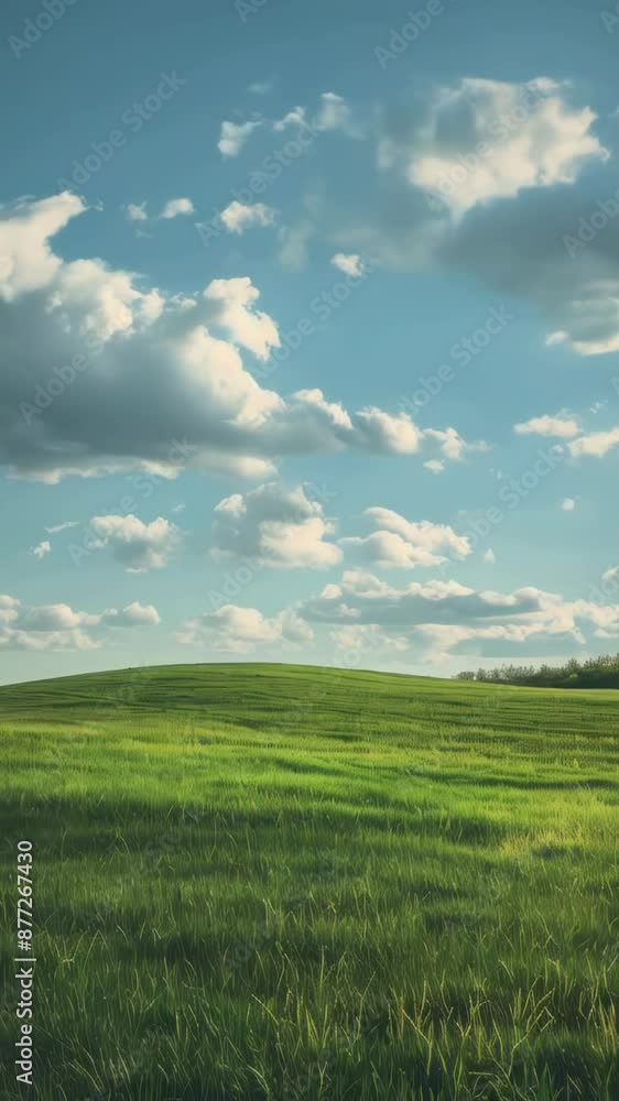 A serene landscape featuring a green field and a few fluffy clouds in the sky A serene landscape featuring a green field and a few fluffy clouds in the sky