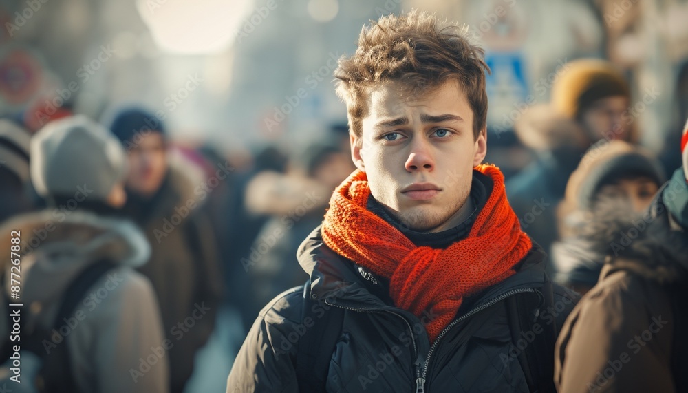 Fototapeta premium Young Man with Thoughtful Expression Standing Outside in Crowded Place, Bundled Up, Student Protests, Bright Day