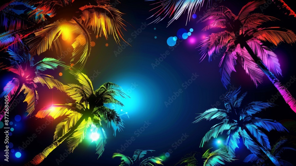Vibrant Tropical Paradise Night Scene with Neon Palm Trees Vibrant Tropical Paradise Night Scene with Neon Palm Trees