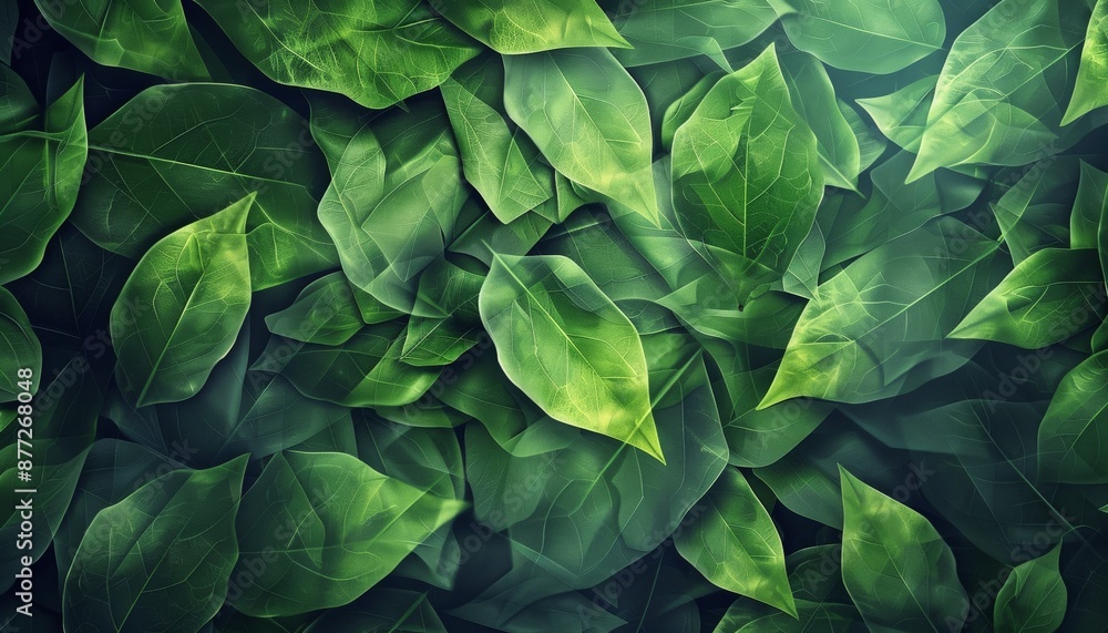 Fototapeta premium Abstract Green Geometric Pattern with Light Effects, Creating Illusion of Leaves, Modern Digital Art, Background with Copy Space