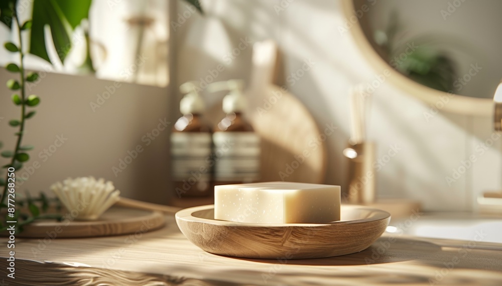 Eco-Friendly Solid Shampoo Soap Bar on Wooden Dish, Natural and Organic, Clean and Minimalist Eco-Friendly Solid Shampoo Soap Bar on Wooden Dish, Natural and Organic, Clean and Minimalist