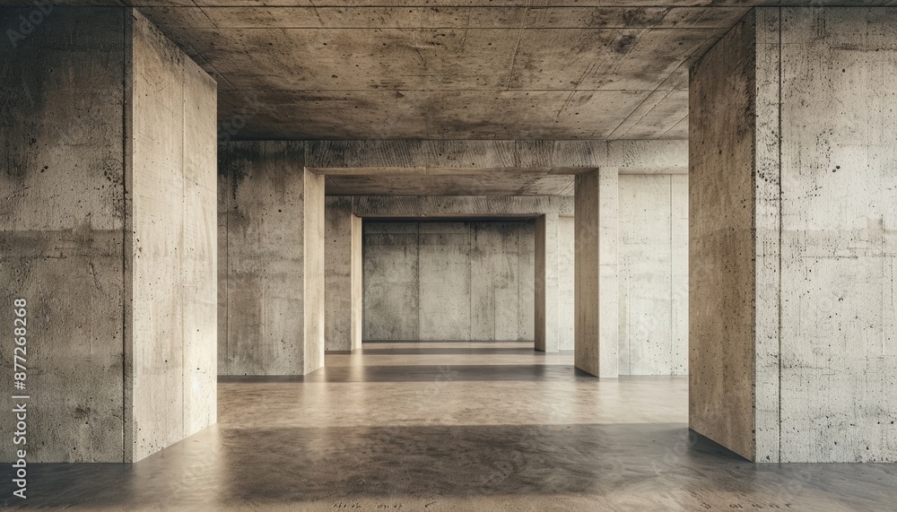 Fototapeta premium Minimalist Architectural Space in Beige Tones, Stark Concrete Room, Bare with Raw Walls, Floor, and Ceiling, Modern Design
