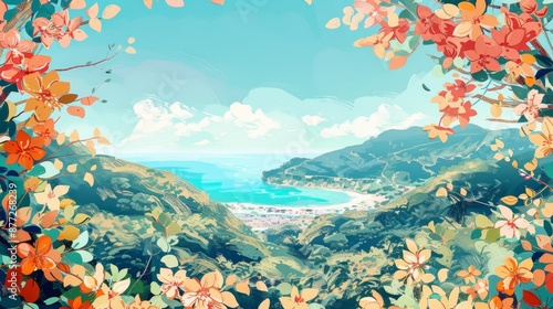 Vibrant Coastal Paradise: Blossoming Florals and Seaside Vista