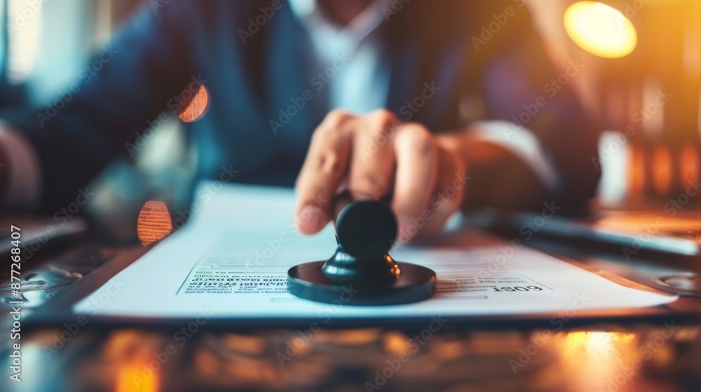 A businessman manages and validates documents and agreements, signs contracts, and approves or confirms warranty certificates with an approval stamp. A businessman manages and validates documents and agreements, signs contracts, and approves or confirms warranty certificates with an approval stamp.
