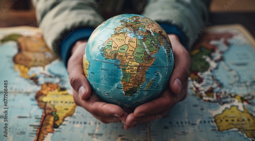 Close-up of Hands Holding Globe with Map Background Close-up of Hands Holding Globe with Map Background
