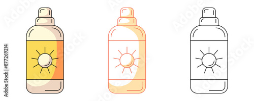 Sunscreen in a bottle with dispenser, colorful and line icon set. Summer, sun safety, skin care concept. Vector outline icon, monochrome and color illustration. For sticker, coloring book, logo, label