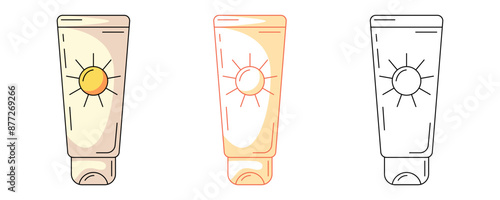 Sunscreen in a tube, colorful and line icon set. Summer, sun safety, skin care concept. Vector outline icon, monochrome and color illustration. For sticker, coloring book, logo, label