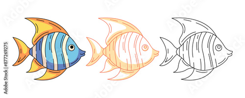 Tropical, exotic fish, colorful and line icons set. Summer, underwater, marine concept, vector outline icon, monochrome and color illustration. Summertime. For sticker, coloring book, logo, label