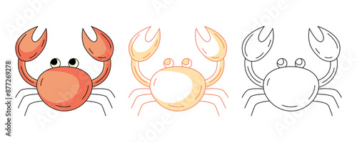 Cute crab, colorful and line icons set. Summer beach, underwater, marine concept, vector outline icon, monochrome and color illustration. Summertime. For sticker, coloring book, logo, label