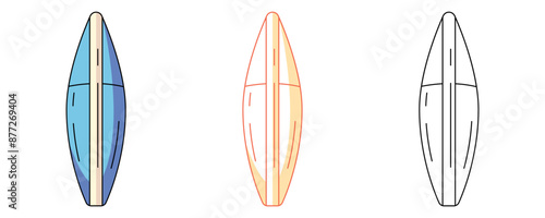 Surfboard, colorful and line icons set. Summer beach concept, vector outline icon, monochrome and color illustration. Active summertime. For sticker, coloring book, logo, label