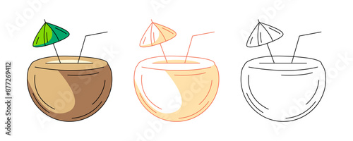 Coconut cocktail with straw and umbrella, colorful and line icons set. Summer, vector outline icon, monochrome and color illustration. Tropical, exotic drink, summertime. For sticker, coloring book