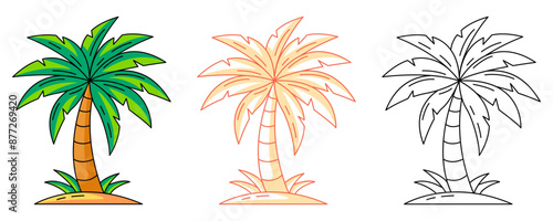 Palm tree, colorful and line icons set. Summer beach concept, vector outline icon, monochrome and color illustration. Tropical, exotic tree, summertime. For sticker, coloring book, logo, label