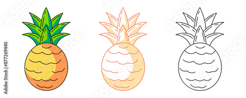 Pineapple, colorful and line icons set. Summer food, vector outline icon, monochrome and color illustration. Ripe tropical and exotic fruit, summertime. For logo, sticker, coloring book, label