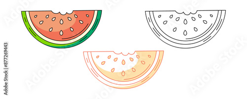 Piece of watermelon, colorful and line icons set. Summer food, vector outline icon, monochrome and color illustration. Ripe berry and fruit, summertime. For logo, sticker, coloring book, label