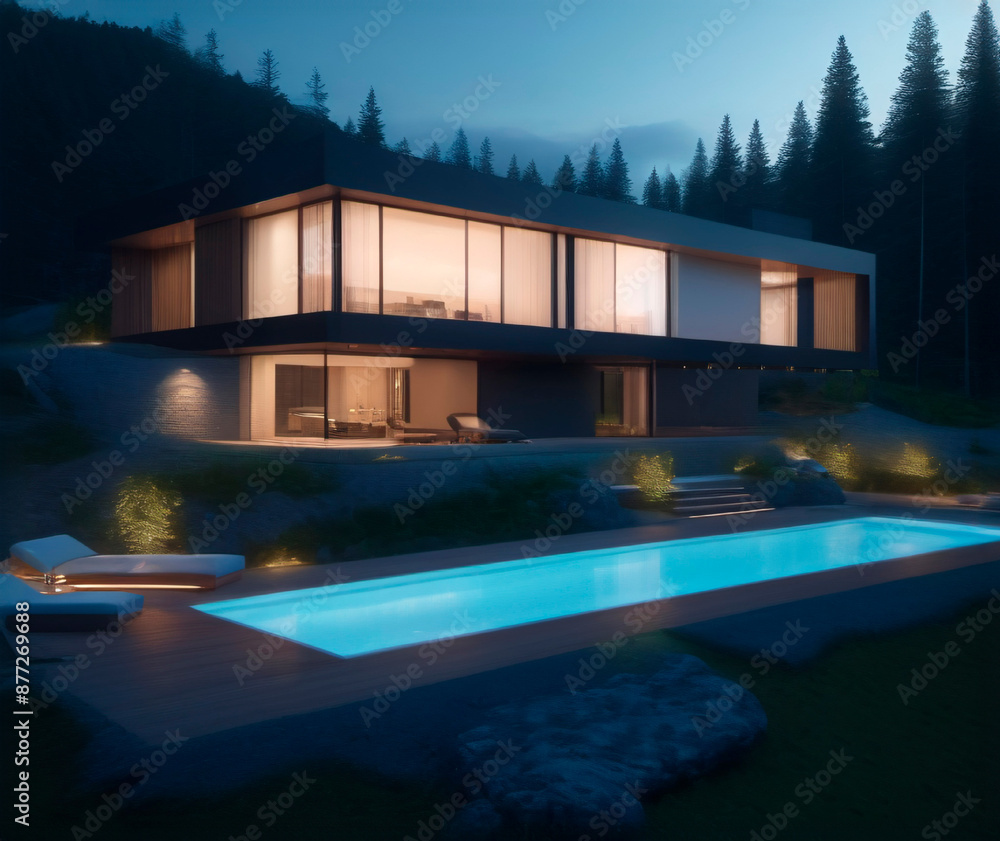 Fototapeta premium modern house with pool at night