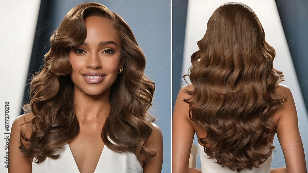 Fototapeta premium Beautiful woman in profile with long and shiny wavy hair . Beauty model girl with curly hairstyle