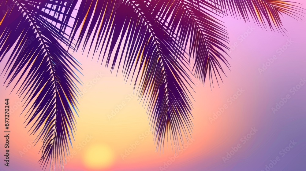 Fototapeta premium Tropical Sunset Silhouette with Palm Leaves against Vibrant Sky