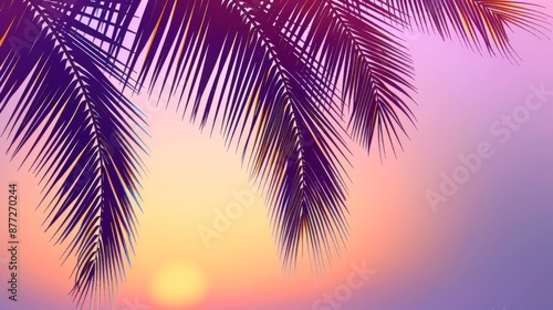 Tropical Sunset Silhouette with Palm Leaves against Vibrant Sky