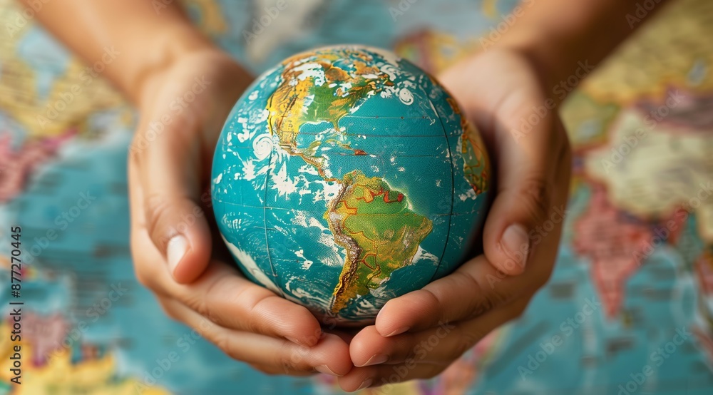 Close-up of Hands Holding Globe with Map Background Close-up of Hands Holding Globe with Map Background