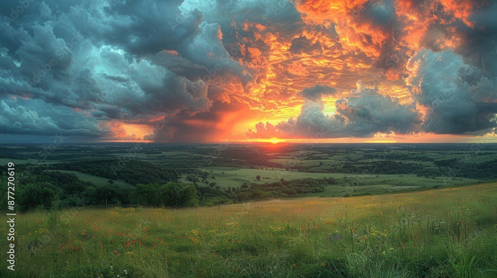 Naklejka premium Majestic Sunset Sky with Dark Clouds Over Picturesque Countryside