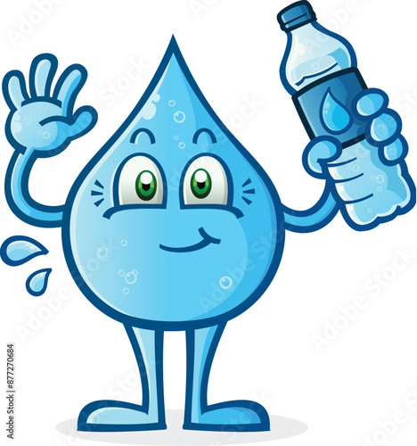 A droplet of pure, clean, distilled spring water for drinking holding a disposable plastic water bottle and waving happily with arms outstretched, vector clip art illustration