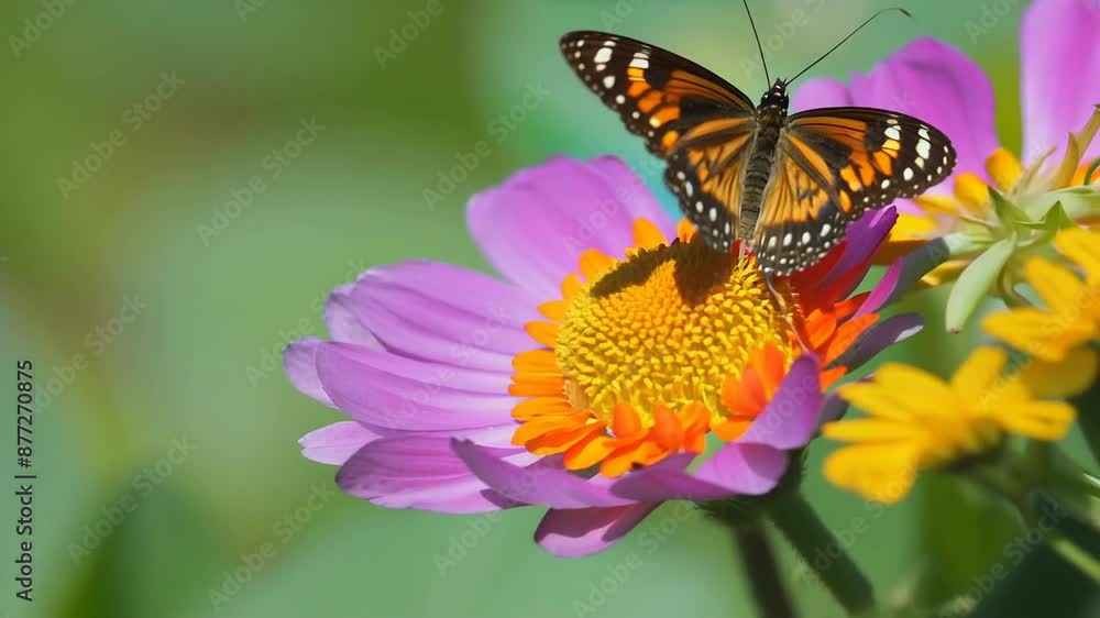 Monarch butterfly perched on a vibrant pink flower in a sunny garden Monarch butterfly perched on a vibrant pink flower in a sunny garden