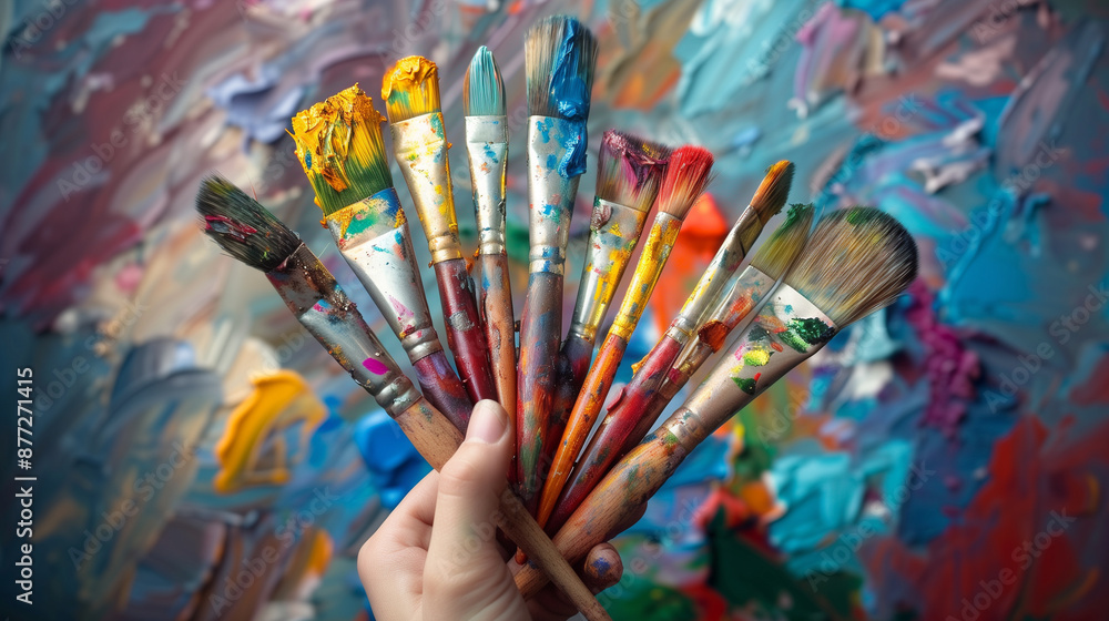 Fototapeta premium Hand holding colorful paint brushes