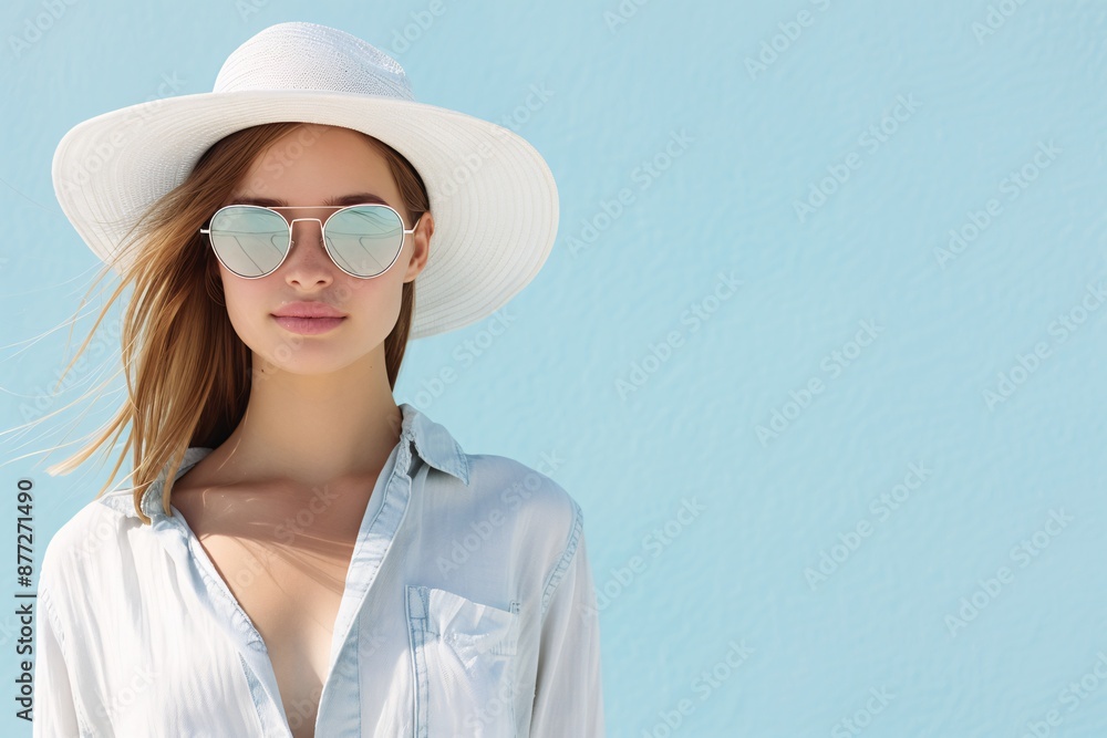 Young Woman in White Hat and Sunglasses Posing Against Blue Background Young Woman in White Hat and Sunglasses Posing Against Blue Background