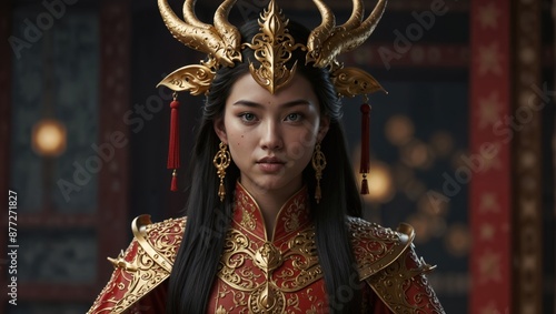 Regal Woman in Ornate Armor with Horns in Traditional Setting