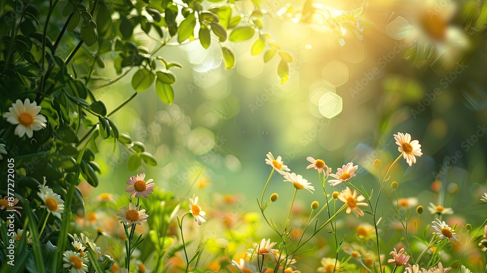 A field of yellow flowers with a bright sun shining on them A field of yellow flowers with a bright sun shining on them