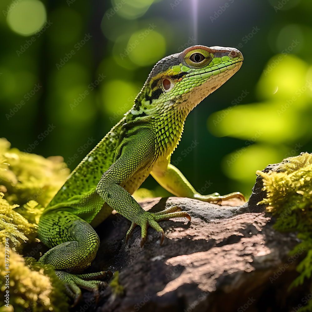 Fototapeta premium An elegant European green lizard basks