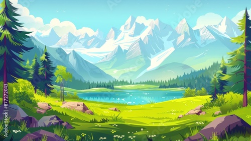 It's a cartoon parallax background with ponds, spruce trees, fluffy clouds, and flying birds.