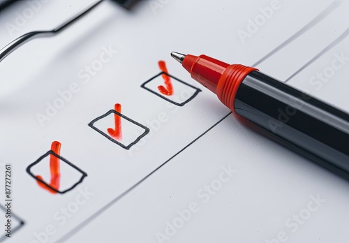 Close-up of red marker check mark on black outline box in white paper with three check marks, isolated on clear background, flat lay. Concept of completion, approval, and success in tasks or goals.