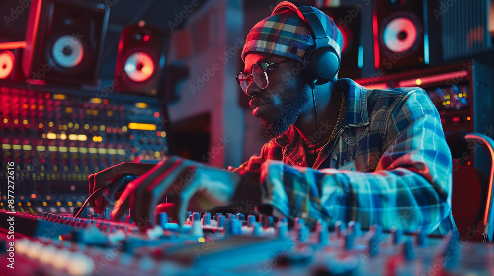 African american dj mixing music in studio African american dj mixing music in studio