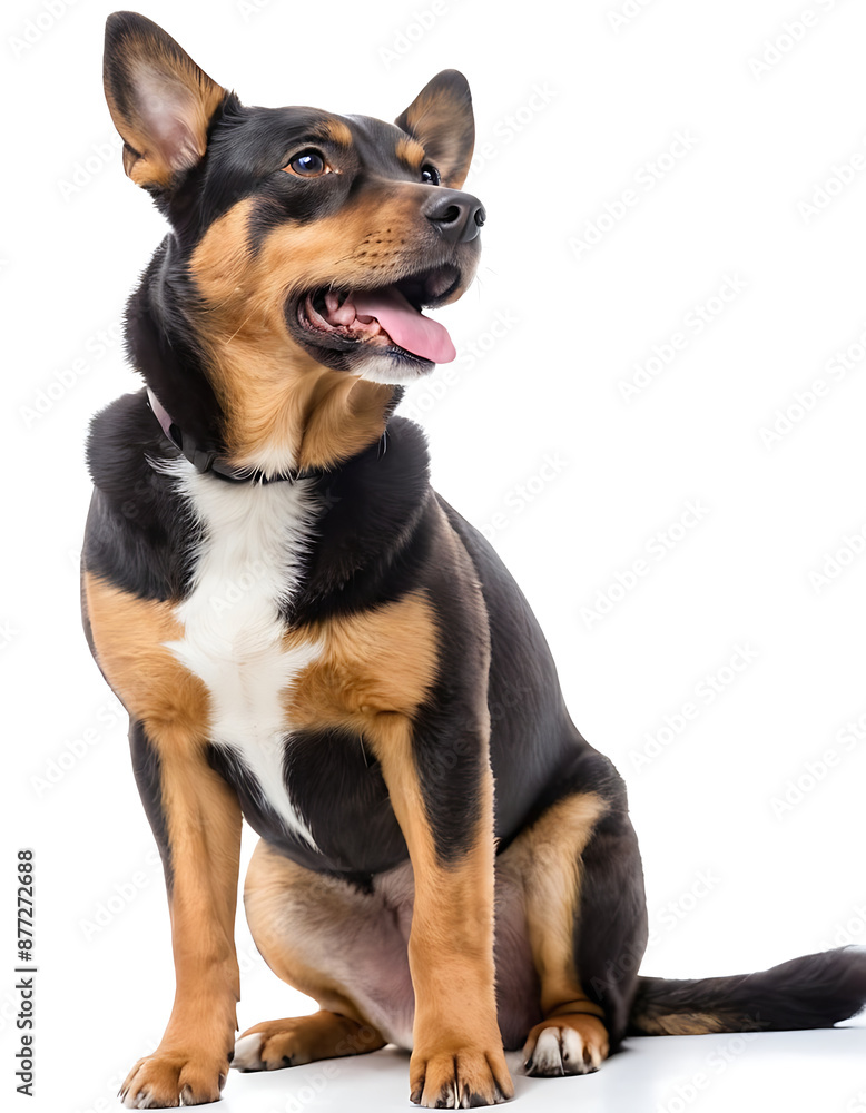 A mixed-breed dog with a black, tan, and white coat sits alertly on a white background. Perfect for pet adoption, animal care, or training promotions. A mixed-breed dog with a black, tan, and white coat sits alertly on a white background. Perfect for pet adoption, animal care, or training promotions.
