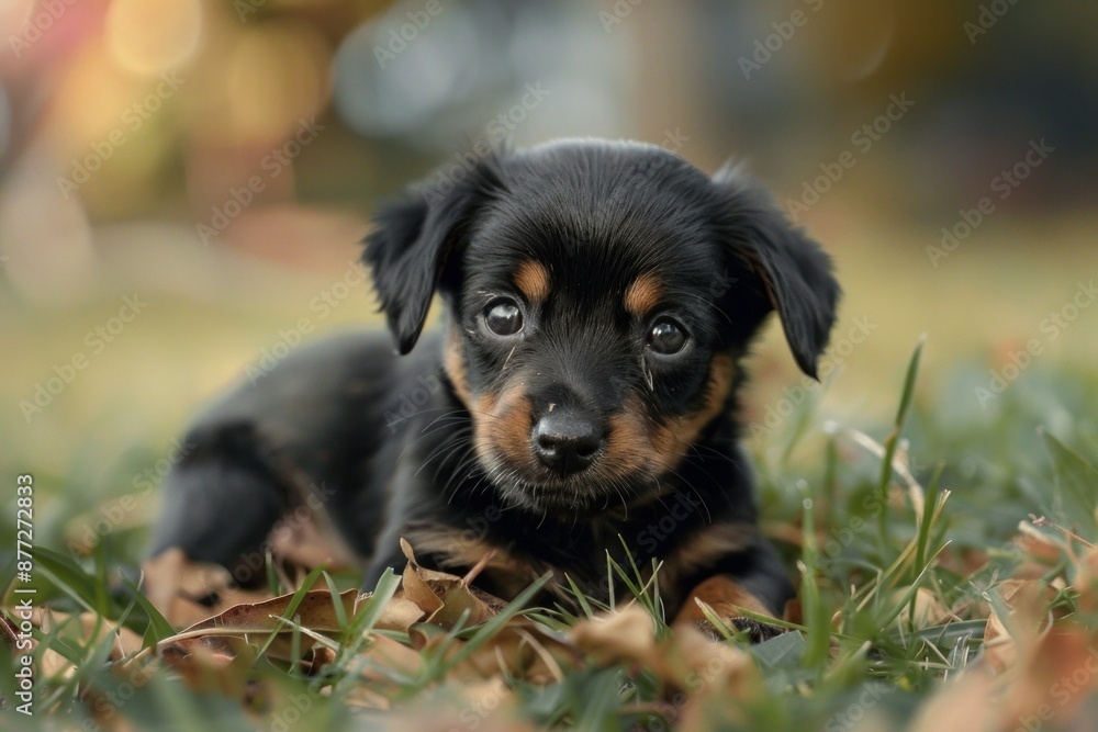 Adorable black and tan puppy with soulful eyes lying on a grassy field, looking at the camera Adorable black and tan puppy with soulful eyes lying on a grassy field, looking at the camera