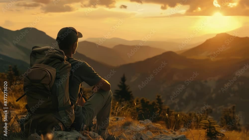 A person sitting on the summit of a mountain, equipped with a backpack for an adventure A person sitting on the summit of a mountain, equipped with a backpack for an adventure