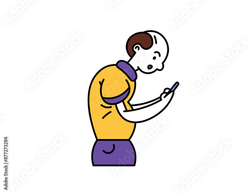 kyphosis. illustration of a man becoming bent because he plays with his cellphone too often. bent body. body posture. bad lifestyle or habits. outline style character design. graphic elements