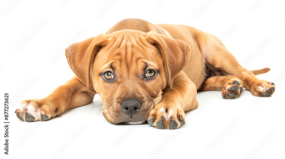 Charming puppy napping on white background, paws out Charming puppy napping on white background, paws out